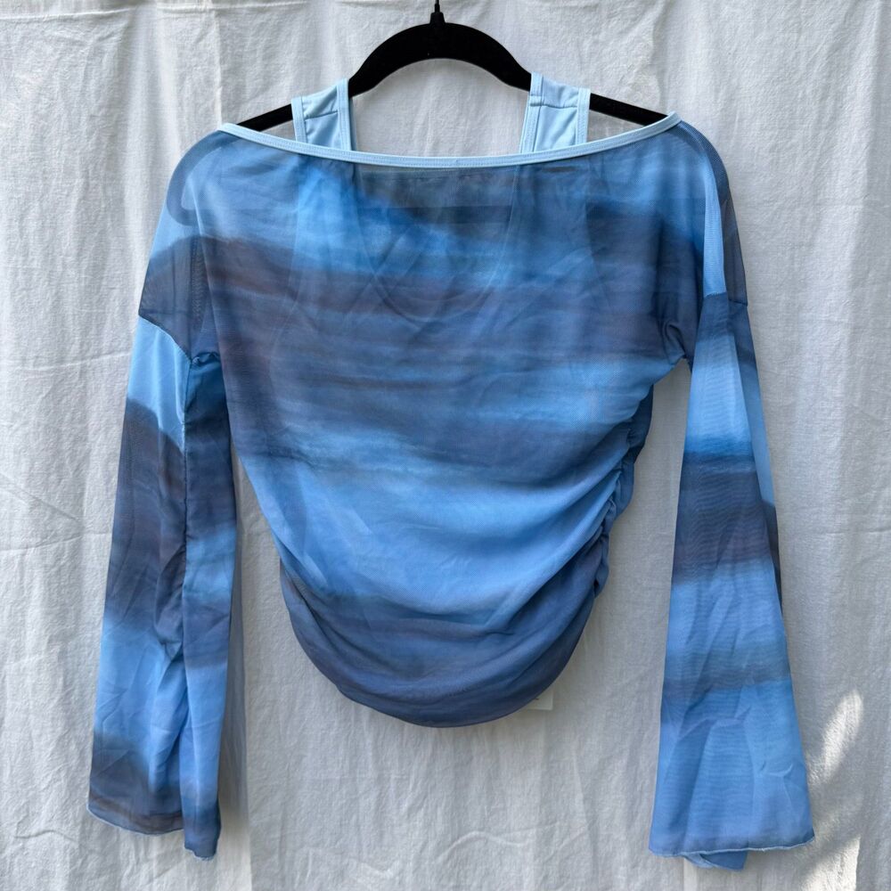 Off-Shoulder Mesh 2in1 Trumpet Sleeve Long Sleeve Women's Top